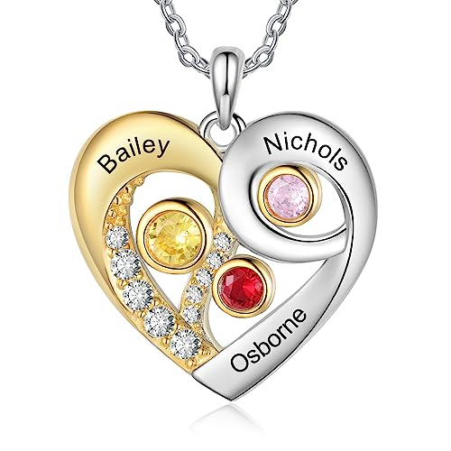 Personalisierter Rose Halskette Herz 925 Silber Siber Rose Blume Anhänger mit Gravur 1-4 Namen Birthstone Kundenspezifische Rosenkette Tochter Damen Geschenk für Muttertag Valentinstag (3 Namen) von Lam Hub Fong