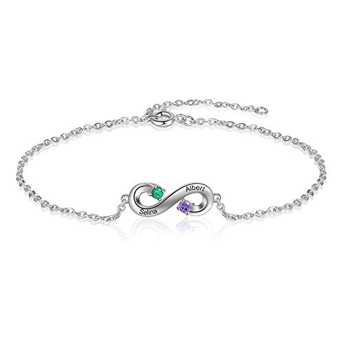 Lam Hub Fong Unendlich Armband Damen Personalisiert mit Name Gravur 925 Sterling Silber Armband Unendlichkeit mit Geburtsstein Geschenk für Frauen Müttern Mädchen (2 Geburtsstein 2 Name-2) von Lam Hub Fong