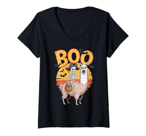 Damen Gruseliges Lama Alpaka Kostüm auf Boo Lama Alpaka Halloween T-Shirt mit V-Ausschnitt von Lama Alpaca Halloween kids, women, men