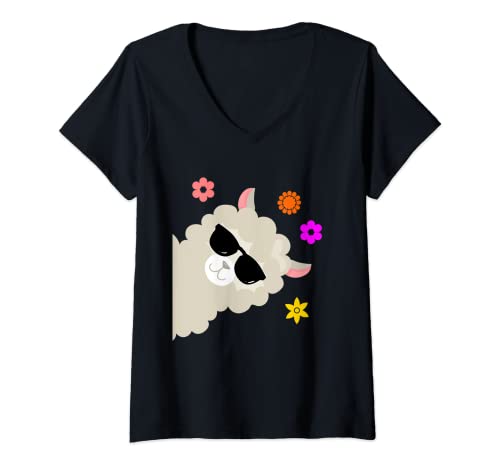 Damen Lama Alpaka Frauen Mädchen Lustig Sonnenbrille T-Shirt mit V-Ausschnitt von Lama Alpaka Geschenkidee