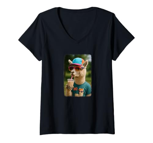 Damen Realistisches Lama trinkt Bubble Tea T-Shirt mit V-Ausschnitt von Lama Bubble Tea Shop