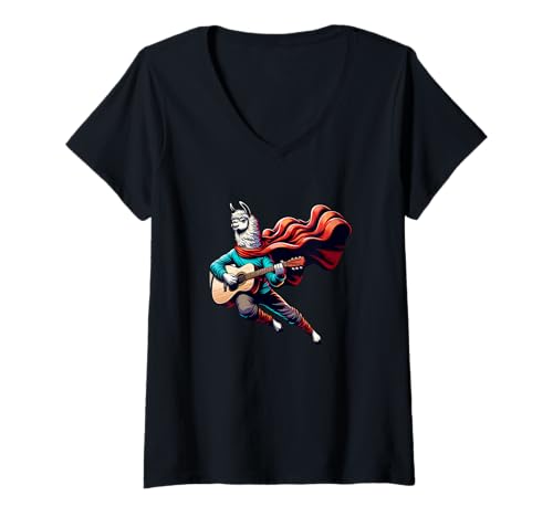 Damen Lama Mit Gitarre Superheld Musik Rock Festival T-Shirt mit V-Ausschnitt Damen Lama Mit Gitarre Superheld Musik Rock Festival T-Shirt mit V-Ausschnitt von Lama Gitarre Superheld Musik Rock Festival Band