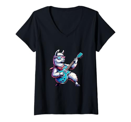 Damen Rockiges Lama Mit E-Gitarre Für Musikfans T-Shirt mit V-Ausschnitt von Lama Mit E-Gitarre Und Coolem Style