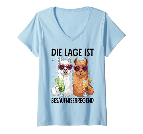 Damen Die Lage Ist Besäufniserregend mit Lamas T-Shirt mit V-Ausschnitt Damen Die Lage Ist Besäufniserregend mit Lamas T-Shirt mit V-Ausschnitt von Lama Outfits für Party und Kneipentour