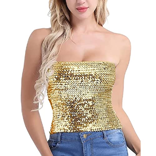 Lamala Damen Funkelnde Pailletten Crop Tube Top Bauchtanz KostüM Party Clubwear Glitzer TräGerlos Schulterfrei Dehnbar Bandeau Pailletten Tops FüR Frauen Party Nacht von Lamala