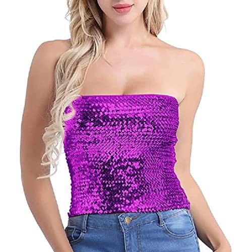 Lamala Damen Funkelnde Pailletten Crop Tube Top Bauchtanz KostüM Party Clubwear Glitzer TräGerlos Schulterfrei Dehnbar Bandeau Pailletten Tops FüR Frauen Party Nacht von Lamala