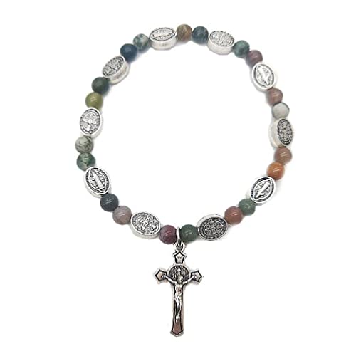 Lamala Religiöses Rosenkranz-Perlenarmband, weißes Armband, Kruzifix, Medaillen-Armband, katholischer Schmuck, verstellbare Kristallperlen, Armband, christliche Armbänder für Damen und Herren von Lamala