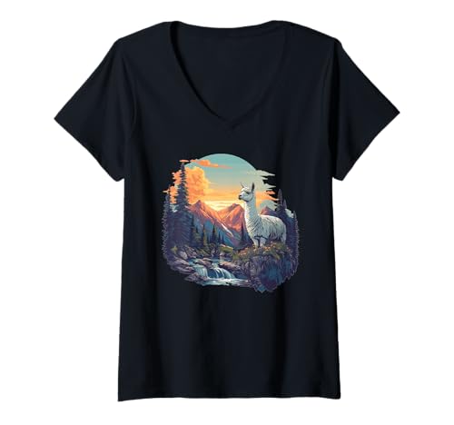 Damen Lamas Lama T-Shirt mit V-Ausschnitt Damen Lamas Lama T-Shirt mit V-Ausschnitt von Lamas Lama Tier Shop