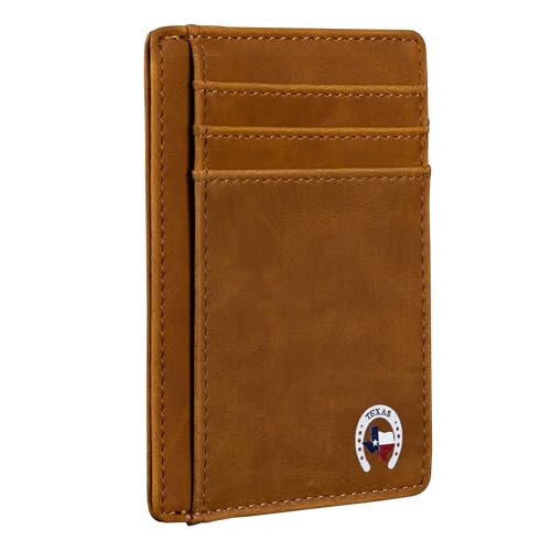 Slim Front Pocket Wallet PU Leather Khaki Card Holder RFID Blocking with Texas Souvenir Logo Gift for Texans and their lovers, Khaki, Texas Hufeisen auf Kartenhalter von Lamatar1