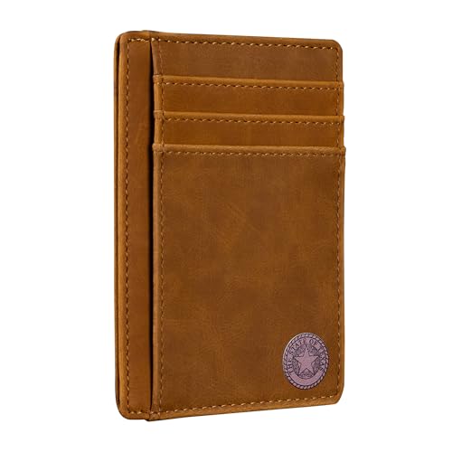 Slim Front Pocket Wallet PU Leather Khaki Card Holder RFID Blocking with Texas Souvenir Logo Gift for Texans and their lovers, Khaki, Texas State Siegel auf Kartenhalter von Lamatar1