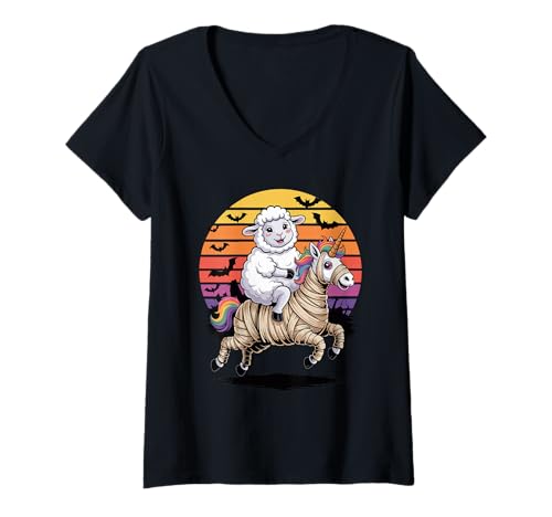 Damen Halloween Mumie Einhorn Schaf T-Shirt mit V-Ausschnitt Damen Halloween Mumie Einhorn Schaf T-Shirt mit V-Ausschnitt von Lamb Sheep Lambs Lover Gifts