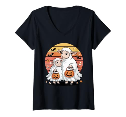 Damen Halloween Schaf Geist T-Shirt mit V-Ausschnitt Damen Halloween Schaf Geist T-Shirt mit V-Ausschnitt von Lamb Sheep Lambs Lover Gifts