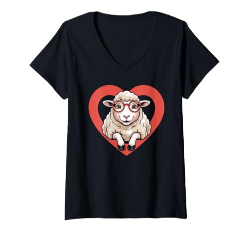 Damen Herz Schaf Brille Lamm T-Shirt mit V-Ausschnitt Damen Herz Schaf Brille Lamm T-Shirt mit V-Ausschnitt von Lamb Sheep Lambs Lover Gifts
