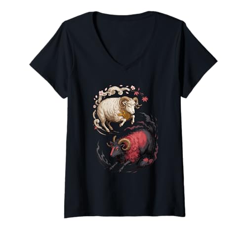 Damen Japanische Kunst Schaf Gut und Teufel Lamm Lämmer T-Shirt mit V-Ausschnitt Damen Japanische Kunst Schaf Gut und Teufel Lamm Lämmer T-Shirt mit V-Ausschnitt von Lamb Sheep Lambs Lover Gifts