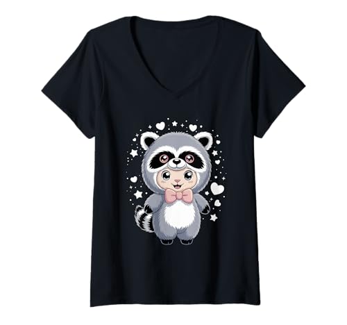 Damen Kawaii Schaf Waschbär Kostüm Lamm Lämmer T-Shirt mit V-Ausschnitt Damen Kawaii Schaf Waschbär Kostüm Lamm Lämmer T-Shirt mit V-Ausschnitt von Lamb Sheep Lambs Lover Gifts