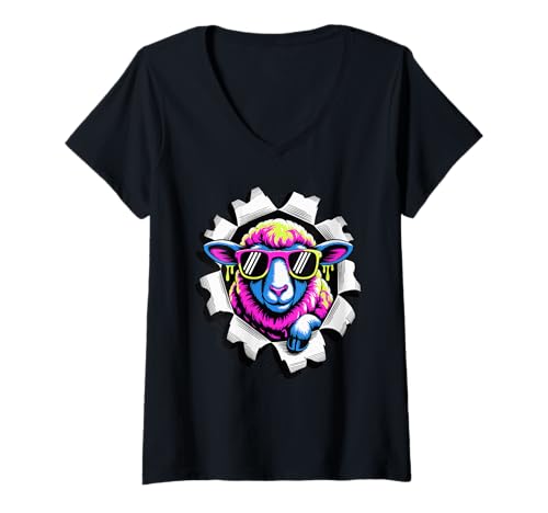 Damen Paint Art Schaf Sonnenbrille Lamm T-Shirt mit V-Ausschnitt Damen Paint Art Schaf Sonnenbrille Lamm T-Shirt mit V-Ausschnitt von Lamb Sheep Lambs Lover Gifts
