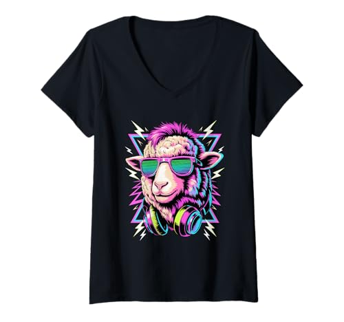 Damen Punk Ära Stil Schaf Sonnenbrille Lamm Lämmer T-Shirt mit V-Ausschnitt Damen Punk Ära Stil Schaf Sonnenbrille Lamm Lämmer T-Shirt mit V-Ausschnitt von Lamb Sheep Lambs Lover Gifts