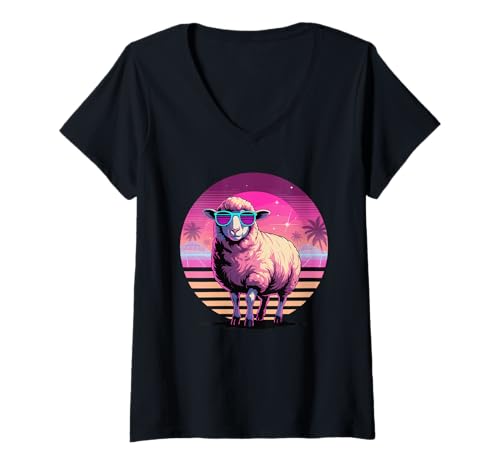 Damen Retro Synthwave Schaf Sonnenbrille Lamm Lämmer T-Shirt mit V-Ausschnitt Damen Retro Synthwave Schaf Sonnenbrille Lamm Lämmer T-Shirt mit V-Ausschnitt von Lamb Sheep Lambs Lover Gifts