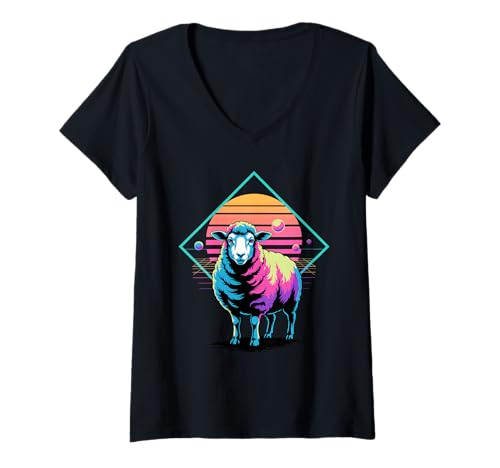 Damen Retro Synthwave Schaf T-Shirt mit V-Ausschnitt Damen Retro Synthwave Schaf T-Shirt mit V-Ausschnitt von Lamb Sheep Lambs Lover Gifts