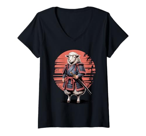 Damen Samurai Schaf Katana Schwert T-Shirt mit V-Ausschnitt Damen Samurai Schaf Katana Schwert T-Shirt mit V-Ausschnitt von Lamb Sheep Lambs Lover Gifts
