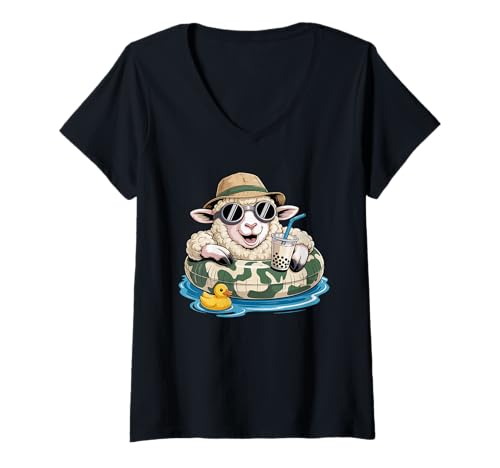 Damen Schaf Boba Perlen Milchtee T-Shirt mit V-Ausschnitt Damen Schaf Boba Perlen Milchtee T-Shirt mit V-Ausschnitt von Lamb Sheep Lambs Lover Gifts