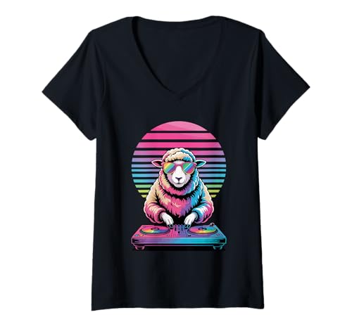 Damen Synthwave Schaf DJ Sonnenbrille T-Shirt mit V-Ausschnitt Damen Synthwave Schaf DJ Sonnenbrille T-Shirt mit V-Ausschnitt von Lamb Sheep Lambs Lover Gifts