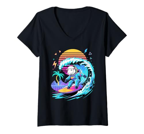 Damen Synthwave Surfer Schaf Astronaut T-Shirt mit V-Ausschnitt Damen Synthwave Surfer Schaf Astronaut T-Shirt mit V-Ausschnitt von Lamb Sheep Lambs Lover Gifts