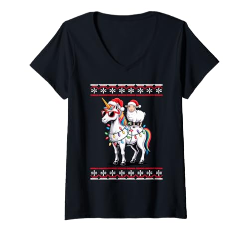 Damen Weihnachten Schaf Einhorn Sonnenbrille Lamm T-Shirt mit V-Ausschnitt Damen Weihnachten Schaf Einhorn Sonnenbrille Lamm T-Shirt mit V-Ausschnitt von Lamb Sheep Lambs Lover Gifts