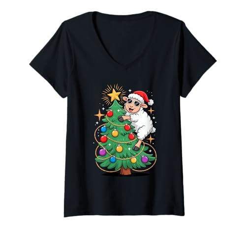 Damen Weihnachtsbaum Schaf Sonnenbrille Lamm T-Shirt mit V-Ausschnitt Damen Weihnachtsbaum Schaf Sonnenbrille Lamm T-Shirt mit V-Ausschnitt von Lamb Sheep Lambs Lover Gifts