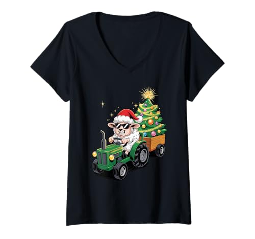 Damen Weihnachtsbaum Traktor Schaf Sonnenbrille Lamm Schafe Lämmer T-Shirt mit V-Ausschnitt Damen Weihnachtsbaum Traktor Schaf Sonnenbrille Lamm Schafe Lämmer T-Shirt mit V-Ausschnitt von Lamb Sheep Lambs Lover Gifts