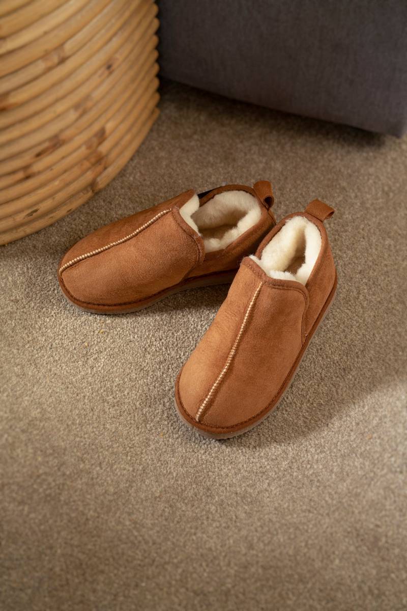 Kinder Merino Schaffell Boot Hausschuhe Braun Gummisohle Rutschfest Hand Gefertigt Pflanzlich Gegerbt Lambland von Lambland