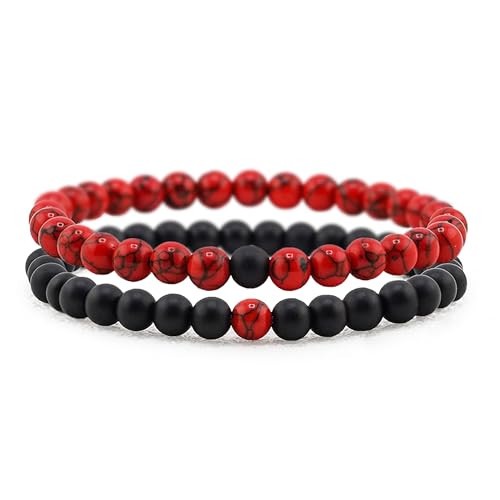 2 Stück Chakra Perlenarmbänder mit 6mm Schmuckstein-Perlen, Lavastein und Onyx-Stein (schwarz) - Yoga Armbänder aus Heilsteinen - Energiearmbänder für Damen und Herren (M07 M, Mittel 19cm) von Lameybrt