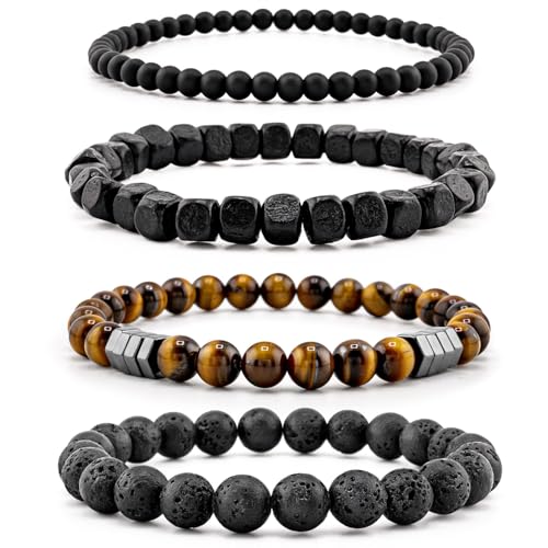 Lameybrt 4 Stück Blick Armband Schutz Stretch Armbänder mit Naturstein für Männer (F05 Tiger Eye, Eine Grösse) von Lameybrt