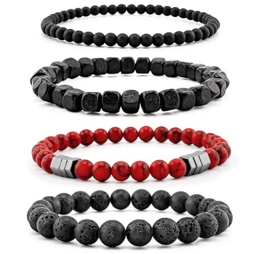 Lameybrt 4 Stück Blick Armband Schutz Stretch Armbänder mit Naturstein für Männer (F07 Red Turquoise, Eine Grösse) von Lameybrt