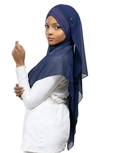 Lamis Hijab - Fertiger Hijab Schal Kopftuch zum Überziehen, gekreuzt, mit integriertem Bonnet-Untertuch, für muslimische Damen, islamischer Schal Gr. Einheitsgröße, marineblau von Lamis Hijab