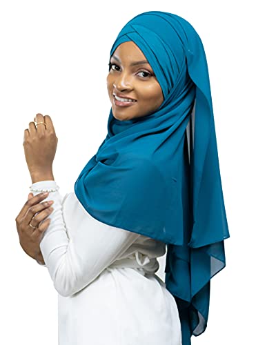 Lamis Hijab - Hijab Überkreuztes Wickeltuch mit integrierter Mütze, für muslimische Frauen, Voile, islamischer Schal, einziehbar, HE100, Türkisblau, One size von Lamis Hijab