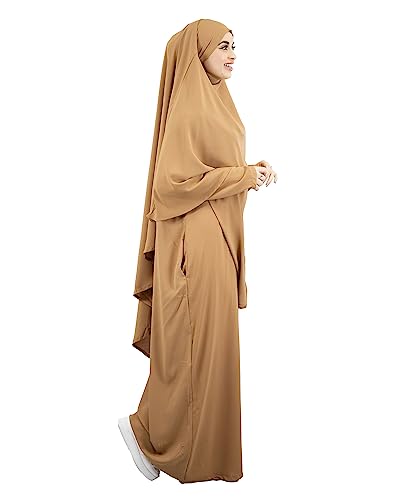 Lamishijab Abaya für muslimische Damen, 2-teilig, Maxi-Chimar und Abaya, mit Taschen aus Medinseide, ENS-KH-000, camel, One size von Lamis Hijab