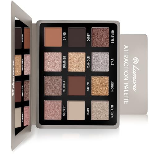Lamora Smokey Eyes Lidschatten Palette Nudetöne - Vegane Schimmer Nude Eyeshadow Palette mit Spiegel - Ideale Reise Make Up Palette mit 12 Hochpigmentierten Warmen, Kühlen und Natürlichen Farbtöne von Lamora