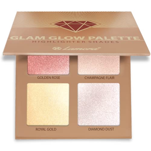 Highlighter Palette Makeup Puder Schminke - 4 Besondere Schimmer Farben Mit Spiegel - Für Helle & Dunkle Haut - Vegan, Tierversuchsfrei von Lamora