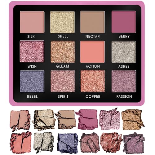 Rose Lidschatten Palette Nudetöne - Vegane Rosa Nude Schimmer Eyeshadow Palette mit Spiegel - Ideale Reise Make Up Palette mit 12 Hochpigmentierten Warmen, Rosafarbenen und Kupfernen Farbtönen von Lamora