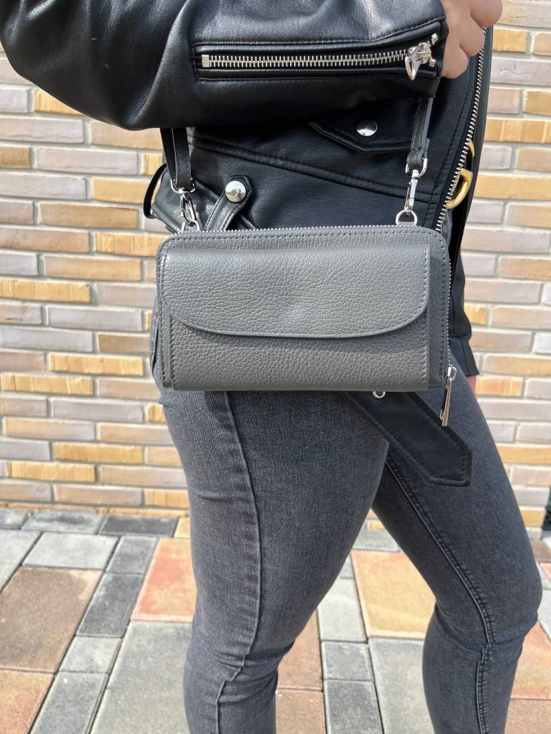 Handytasche Leder Grau Mit Geldbörse - Kleine Crossbody Tasche Damen Echtleder Umhängetasche Kompakte Mini Bag Zum Umhängen von LamourducuirDE