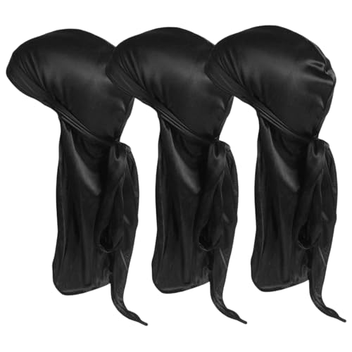 3 Stück 20-Zoll-Seiden-Durag für Männer, schwarz mit Krawatte, trendy, minimalistisch, leicht zu kombinieren, für den Alltag und Cosplay von Lamppdcor