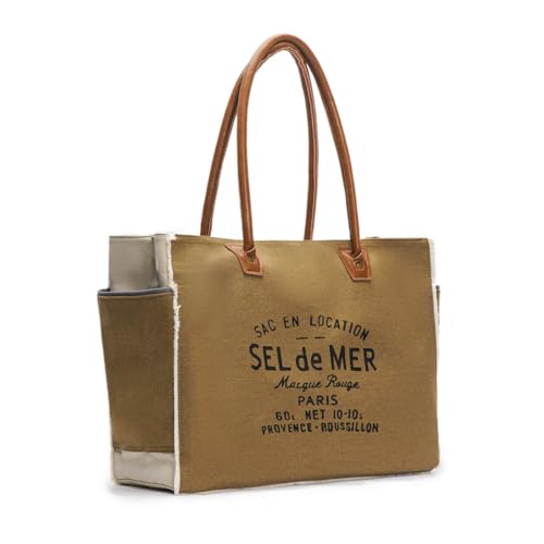 Lamyba Sel De Mer Canvas Handtasche Upcycled Canvas Leder Tragetasche, Braun, Large von Lamyba
