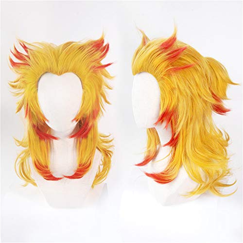 LanTing Demon Slayer: Kimetsu no Yaiba Rengoku Kyoujurou Gold Mix Red Styled Woman Cosplay Party Fashion Anime Human Costume Full wigs Synthetic Hair Heat Resistant Fiber von LanTing