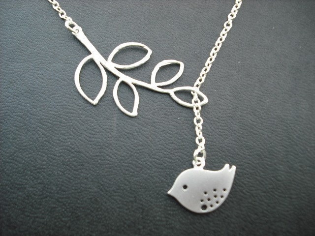 Brautjungfer Halskette, Silber Plattiert Lasso Collier Mit Süßer Kleiner Vogel Umb Und Fünf Blatt Branch - Sterling Silber Kette, Hochzeitsgeschenk von Lana0Crystal