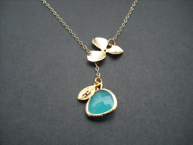 Brautjungfern Geschenk, Hochzeitsgeschenk, Personalisiert - Orchidee Lariat Aqua Blau Lünette von Lana0Crystal