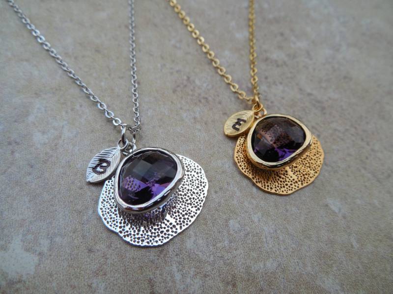 Gold Oder Silber Februar Amethyst Halskette Mit Filigranem Blatt, Personalisierte Erste Jewel(Bezel, Erhältlich in Allen Birth von Lana0Crystal