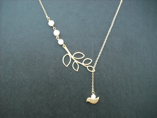 Matte Gelb Gold Fünf Blatt Zweig Und Vogel Lariat - 16 K Vergoldet Kette von Lana0Crystal