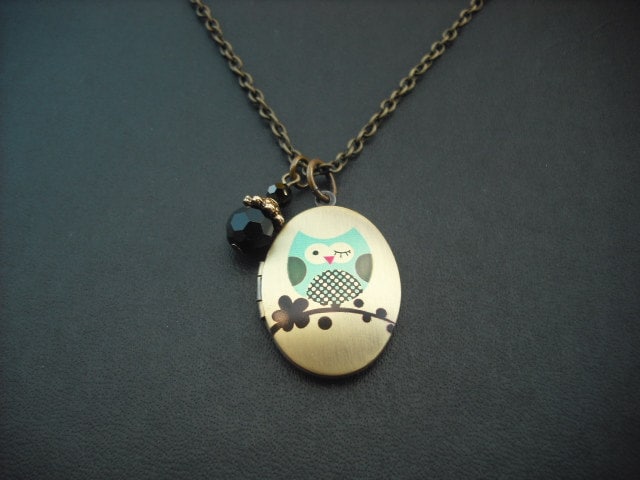 Medaillon Halskette, Antiken Messing Ovale Halskette Mit Sweet Little Owl Verändert Foto - Version 1 von Lana0Crystal