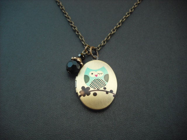 Medaillon Halskette, Antiken Messing Ovale Halskette Mit Sweet Little Owl Verändert Foto - Version 1 von Lana0Crystal